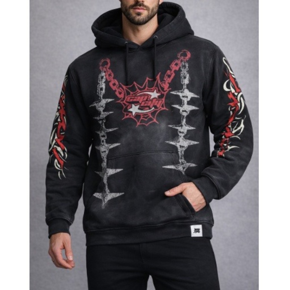 Cap City Men's Black Red Tribal Barbed Wire Streetwear Graphic Hoodie Size M NWT